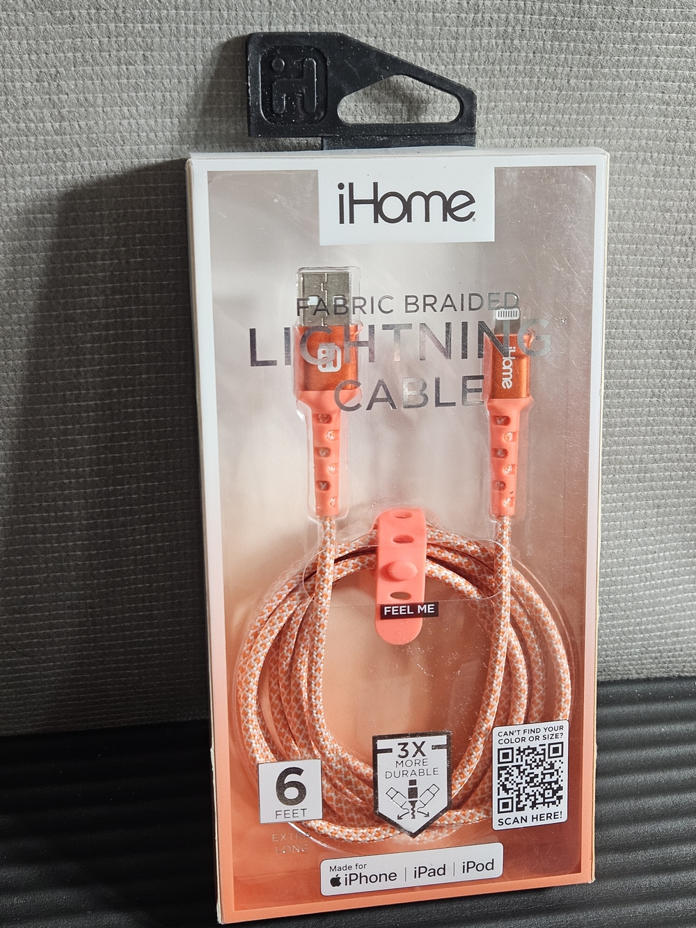 iHome 6ft Braided USB-C Charging & Sync Cable Orange Peach Fabric Braided IPhone
